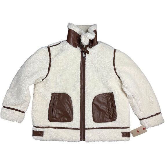 Levis Jacket WMNS 2X Cream Faux Sherpa Full Zip Brown Teddy Moto High Neck Cozy - Picture 2 of 15